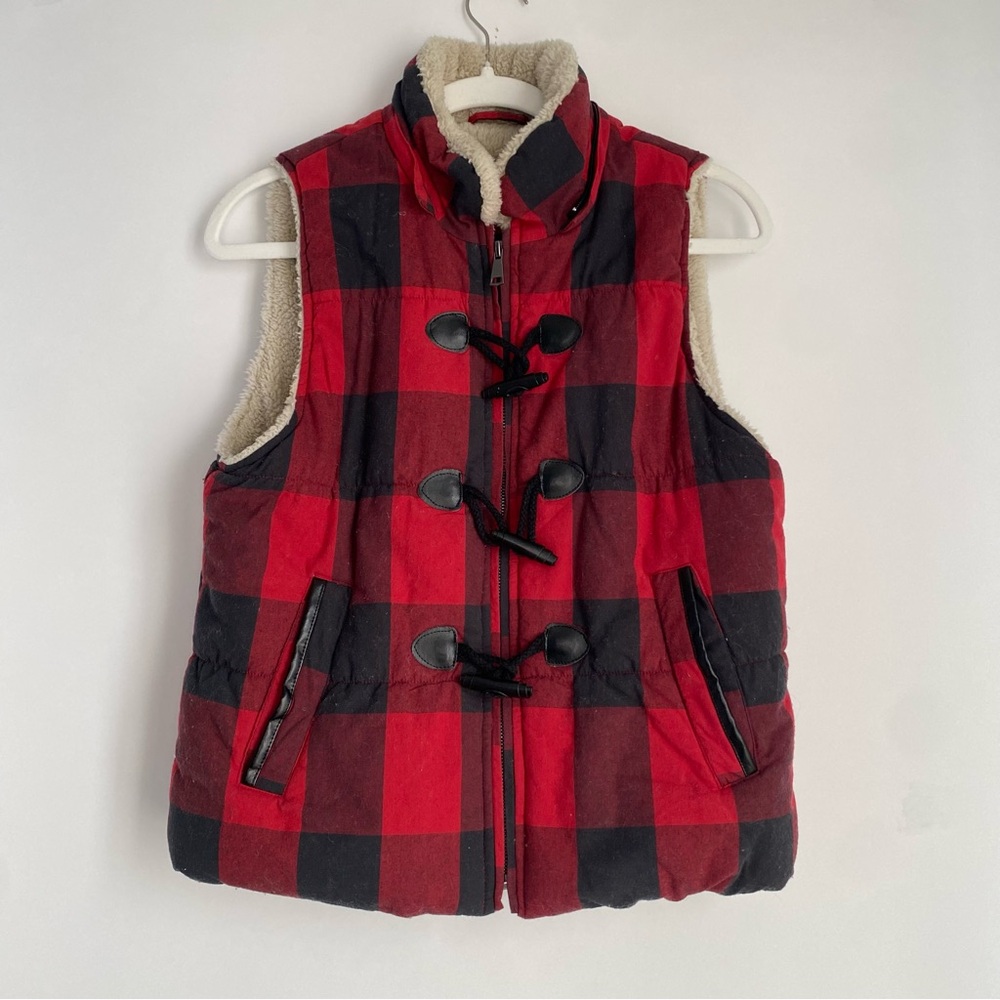 Saks Fifth Avenue Buffalo Check‎ Faux Fur Removable Hooded Vest - Size Medium